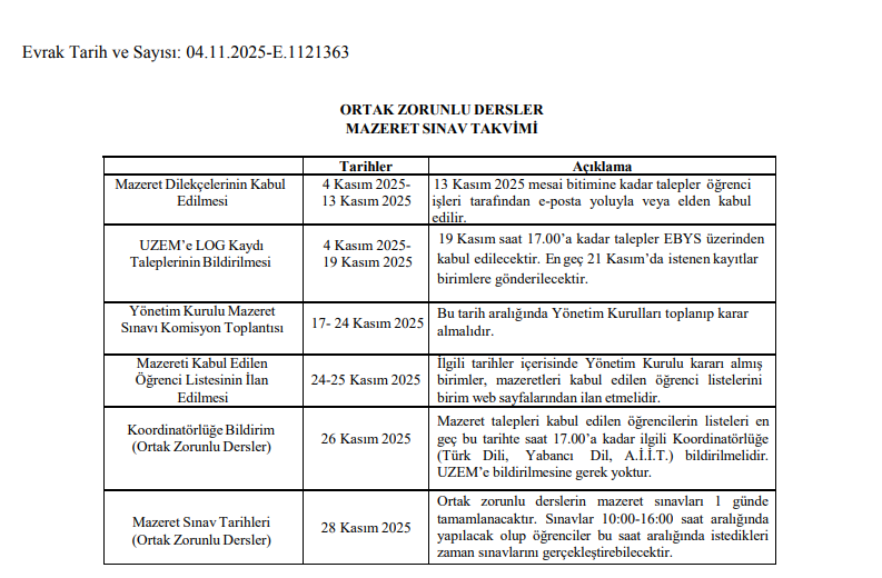 2025-2026 GÜZ ORTAK ZORUNLU DERSLERİN MAZERET SINAVLARI